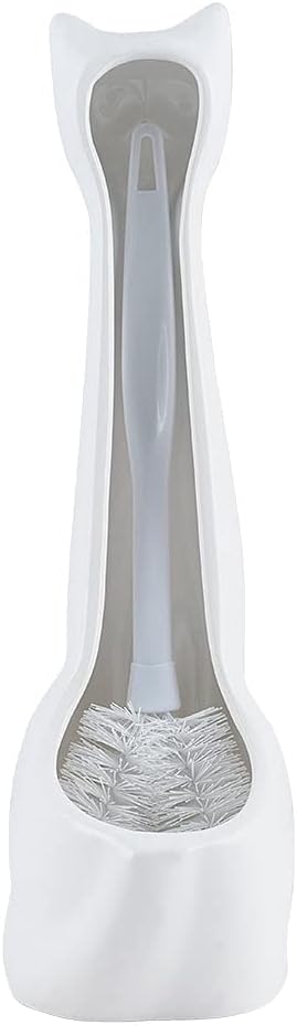 Allure Home Creation Cat 3-Piece Ceramic Toilet Brush Holder & Soap Dispenser - White Plastic Scrub Brush Included