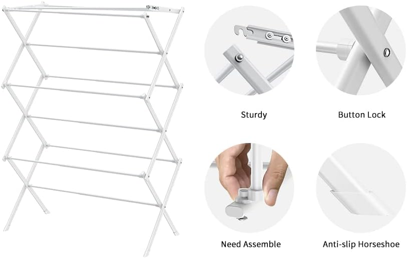 3 Tier Clothes Drying Rack,Foldable & Portable Clothing Drying Rack,Space-Saving Design, Indoor & Outdoor Laundry Rack for Drying Clothes,Metal Dryer Rack-Pure White