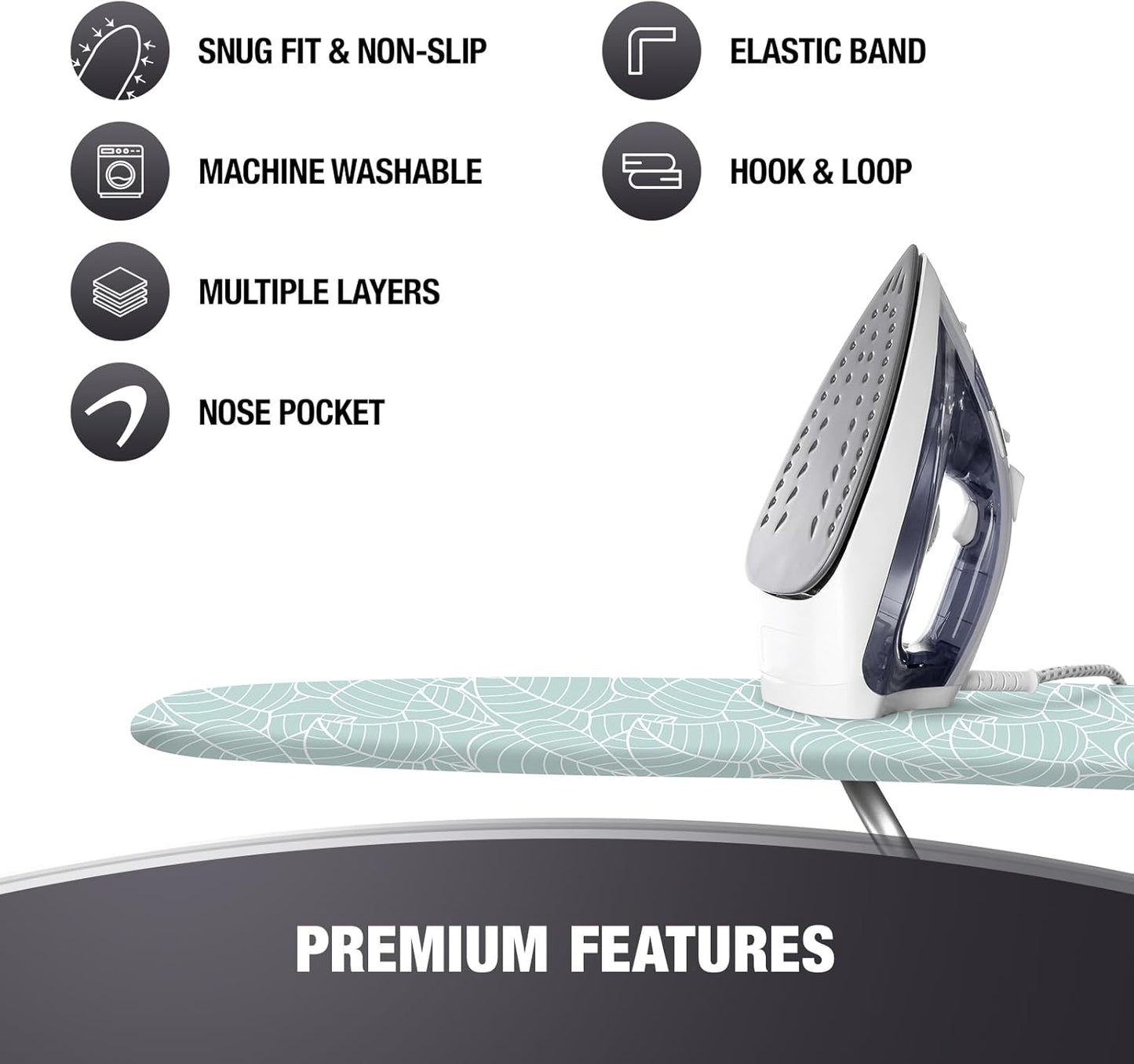 Extra Thick Ironing Board Covers with Pad Standard Size 15x54, Heat Reflective Full Scorch Resistant Padding, Snug Fit Non-Slip Nose Pocket Fastener Straps Elastic Edges, Green Floral