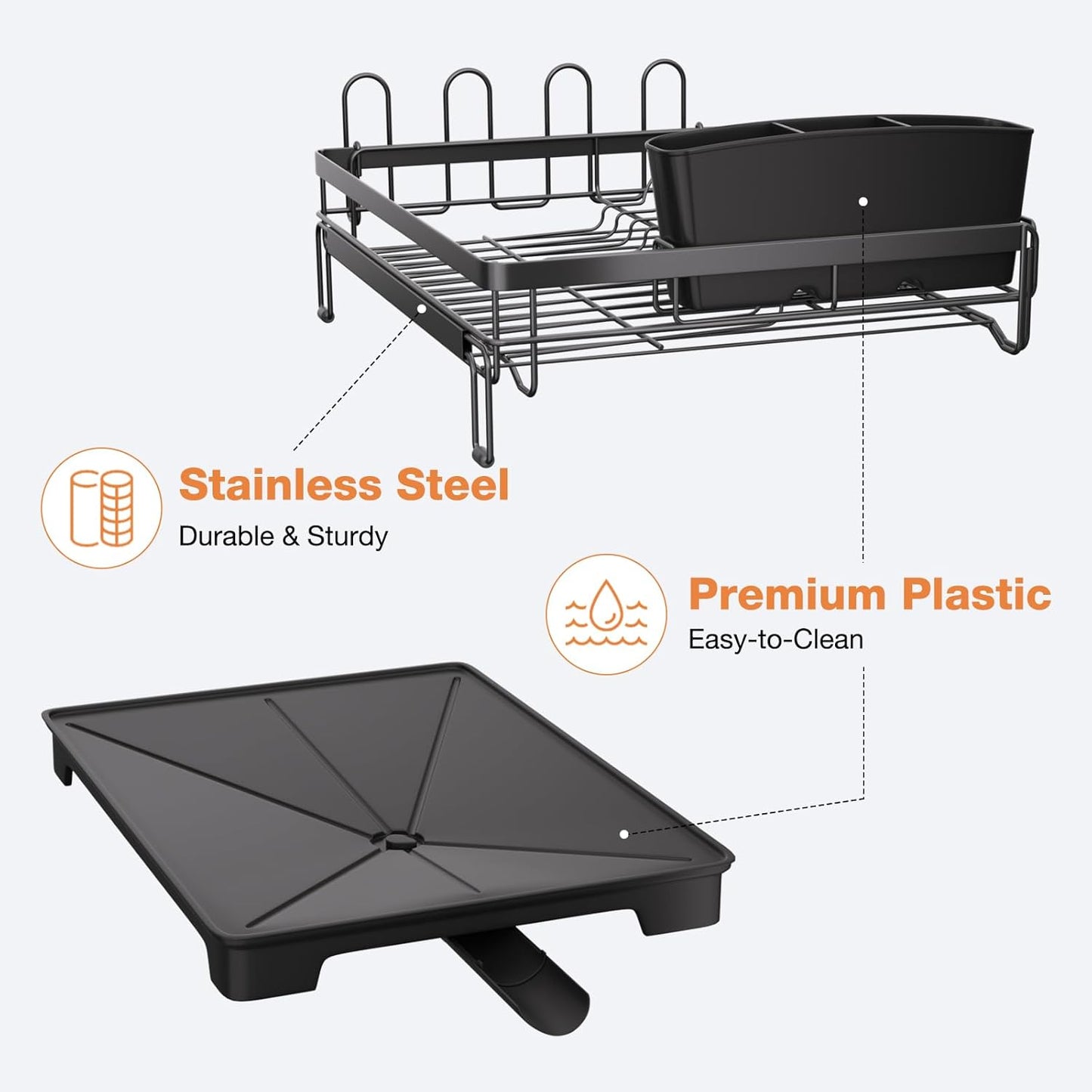 Dish Drying Rack,Extendable Dish Rack,Drying Rack with Automatic Drainboard,Dish Drainers for Kitchen Counter,Anti-Rust Dish Drainers with Cup Holders & Utensil,Black