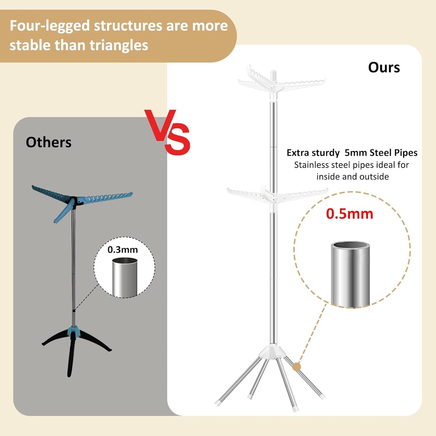 SUYU Clothes Drying Rack,Folding Clothes Drying Tree, 2 Layer with 6 Rotatable Arms,72-Inch Indoor Clothes Rack,Stainless Steel,4 Legs,White and Silver SNJ202