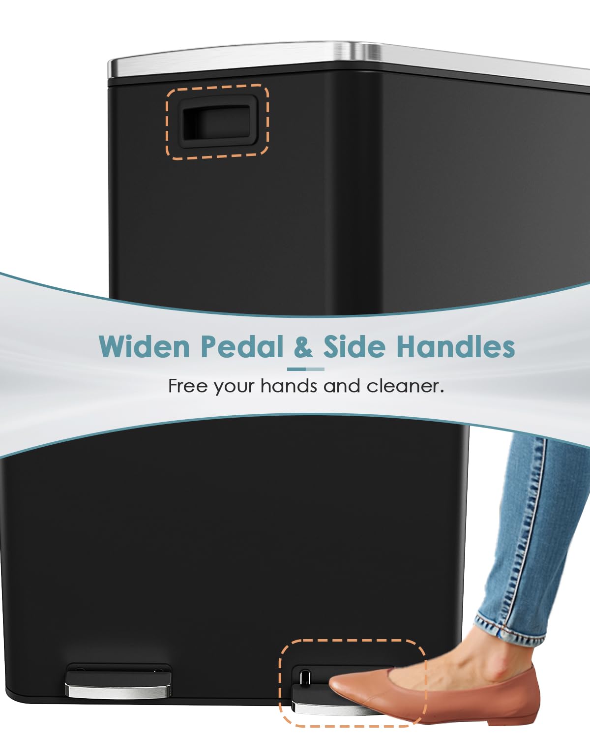 AthLike 60L(16 Gal) Dual Trash Can, Stainless Steel Kitchen Garbage Can, Double Compartment Classified Rubbish Bin, Recycle Dustbin w/Plastic Inner Buckets, Soft-Close Lid, Airtight, Black