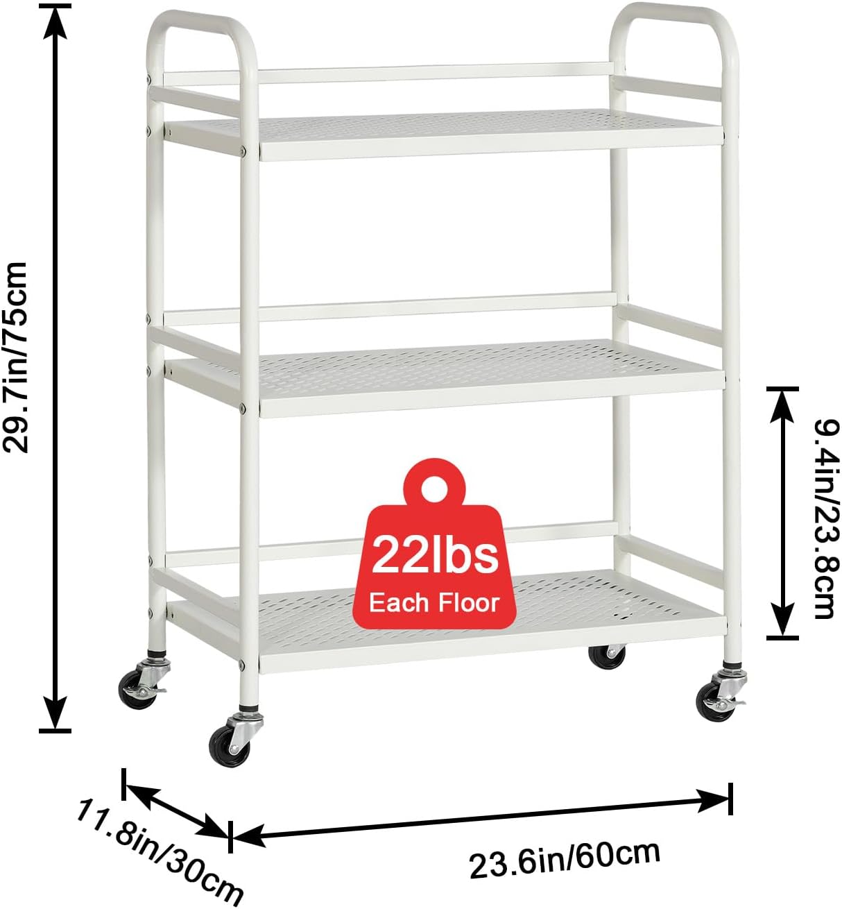 HDANI 3 Tier Metal Rolling Heavy Cart Supports 40 Lbs Per Tier,Rolling Cart with 2 Lockable Wheels for Office,Home,Bedroom,Kitchen,Bathroom(White)…