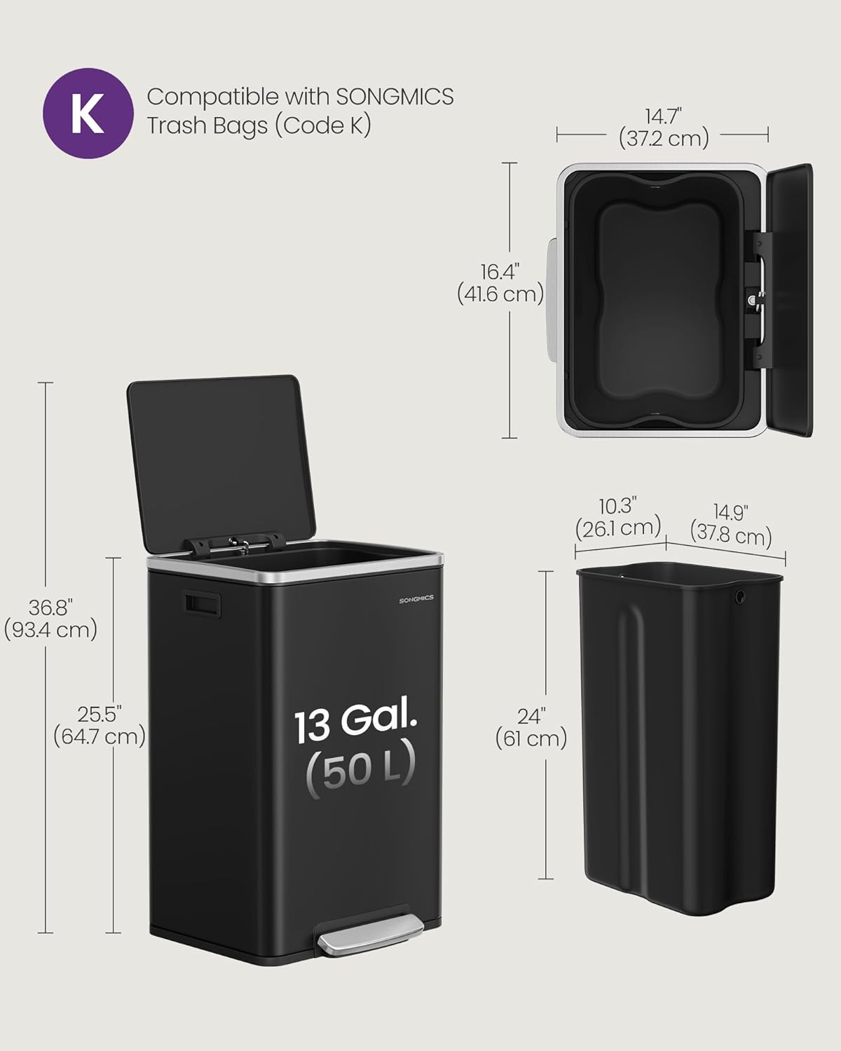SONGMICS Trash Can, 13-Gallon Gabbage Can, with 15 Trash Bags, Steel, with Soft-Close Lid, Removable Inner Bucket, Handles, Ink Black ULTB595B01V1