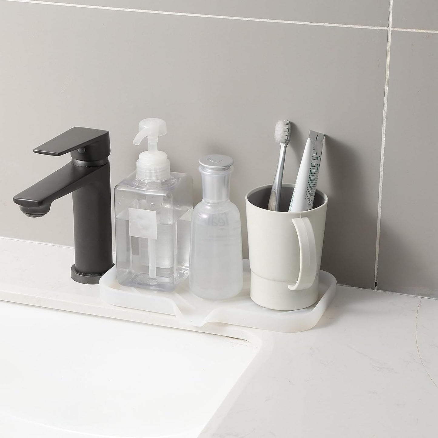 Silicone Bathroom Soap Dishes with Drain Spout-Bathroom and Kitchen Sink Organizer,Sponge Holder,Dish Soap Tray,Perfect for Dispenser,Scrubber,Bottle,Cup on Counter Translucent 9.6"×5.3"