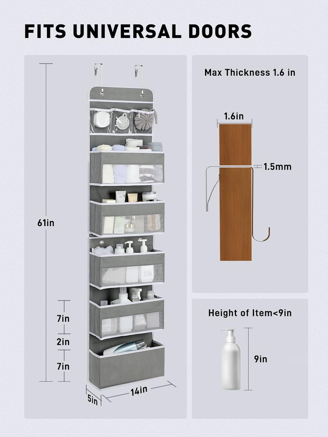 Yecaye 6-Tier Over the Door Storage Organizer, Flexible 1 Split into 2 Swing-proof Hanging Bathroom Storage Organization, Bedroom Organizer and Storage for Newborn Baby Essentials, Grey