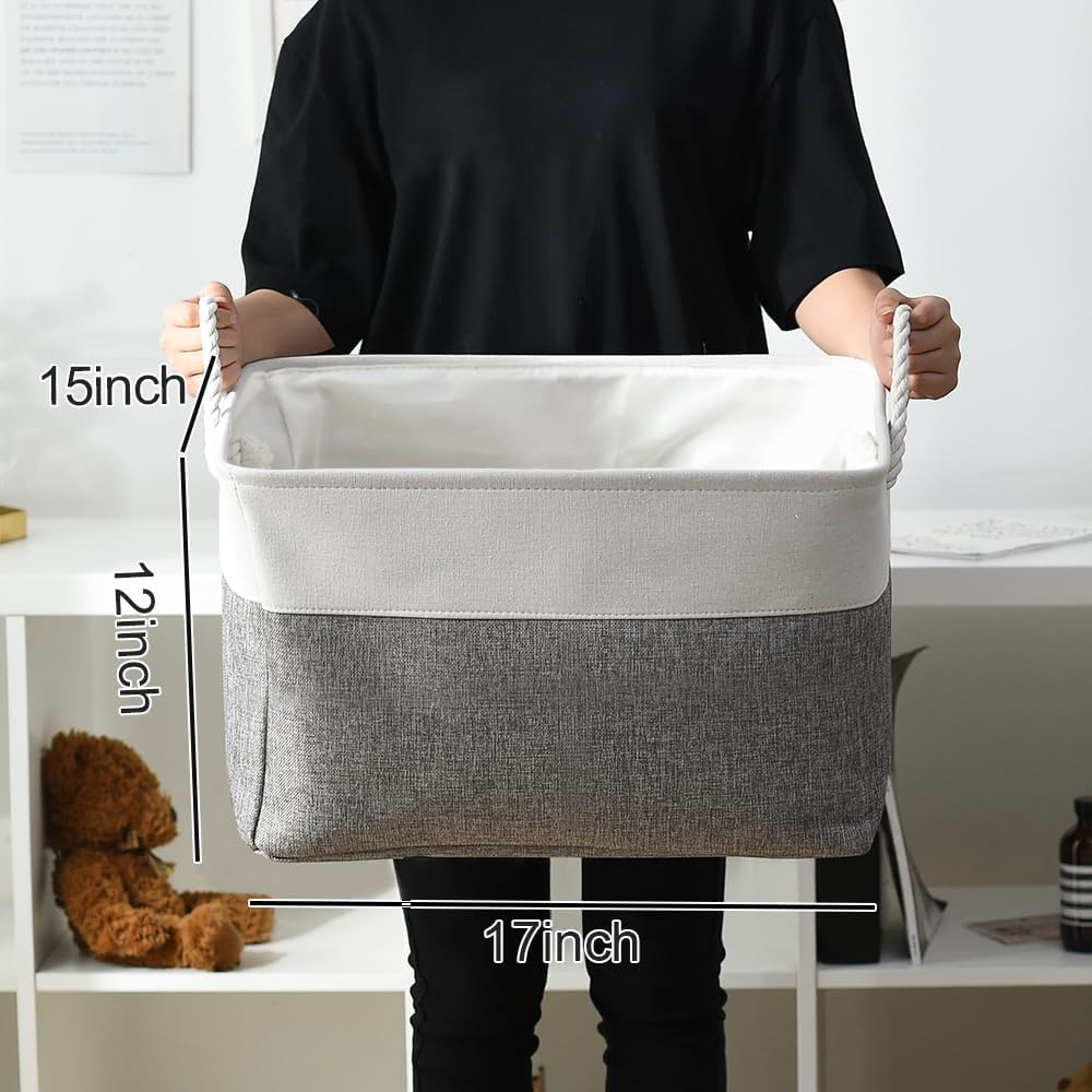Storage Basket for Shelves - 17X15X12 inch 2 Pack Fabric Cube Storage Bin Collapsible Baskets for Organizing with Rope, Storage Box for Cloth Decorative (White & Grey)