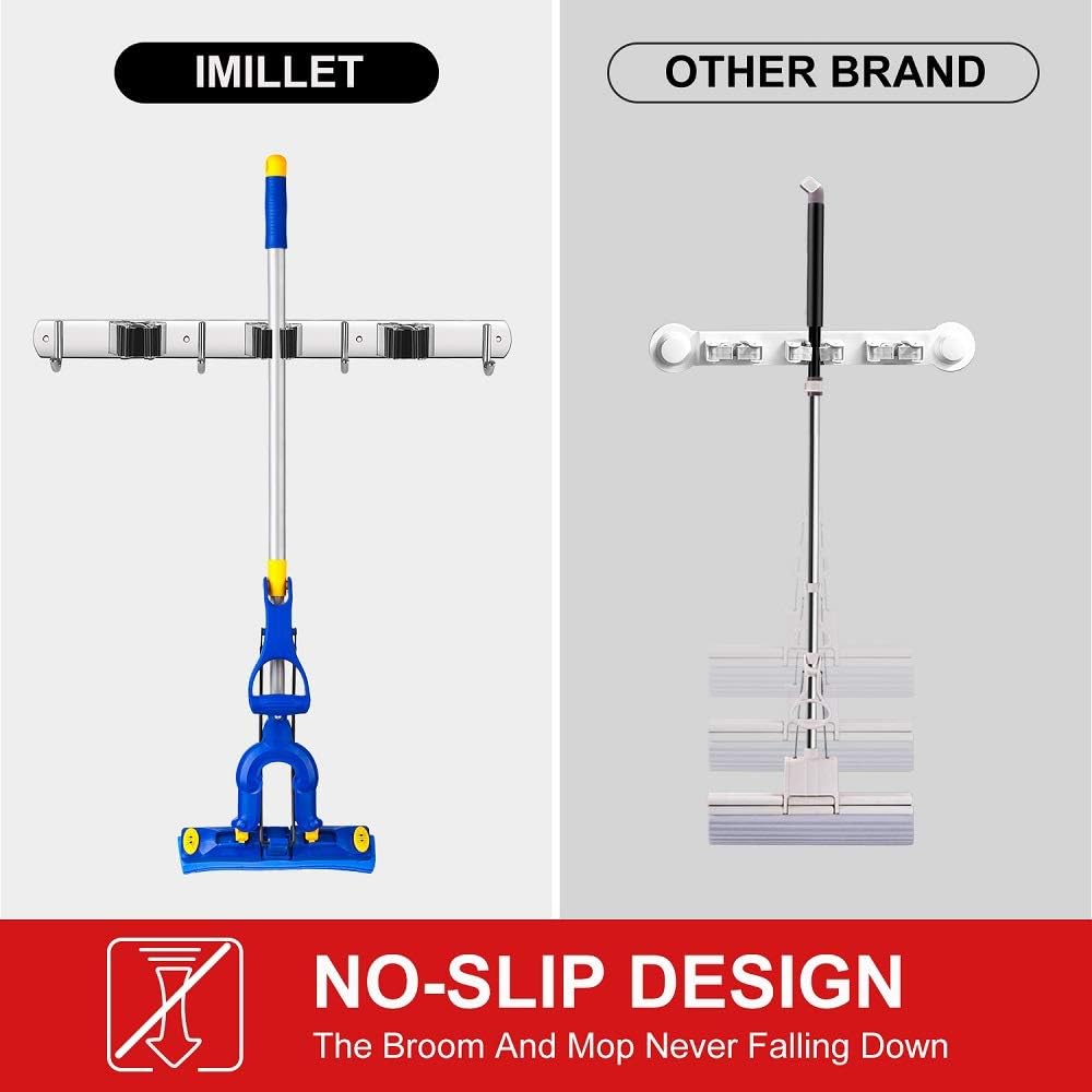IMILLET Broom Holder Wall Mounted, Stainless Steel Broom and Mop Holder Self Adhesive Broom Organizer Heavy Duty Hooks Storage Organizer for Home Laundry Room Garden Garage Closet Kitchen (1 Pack)
