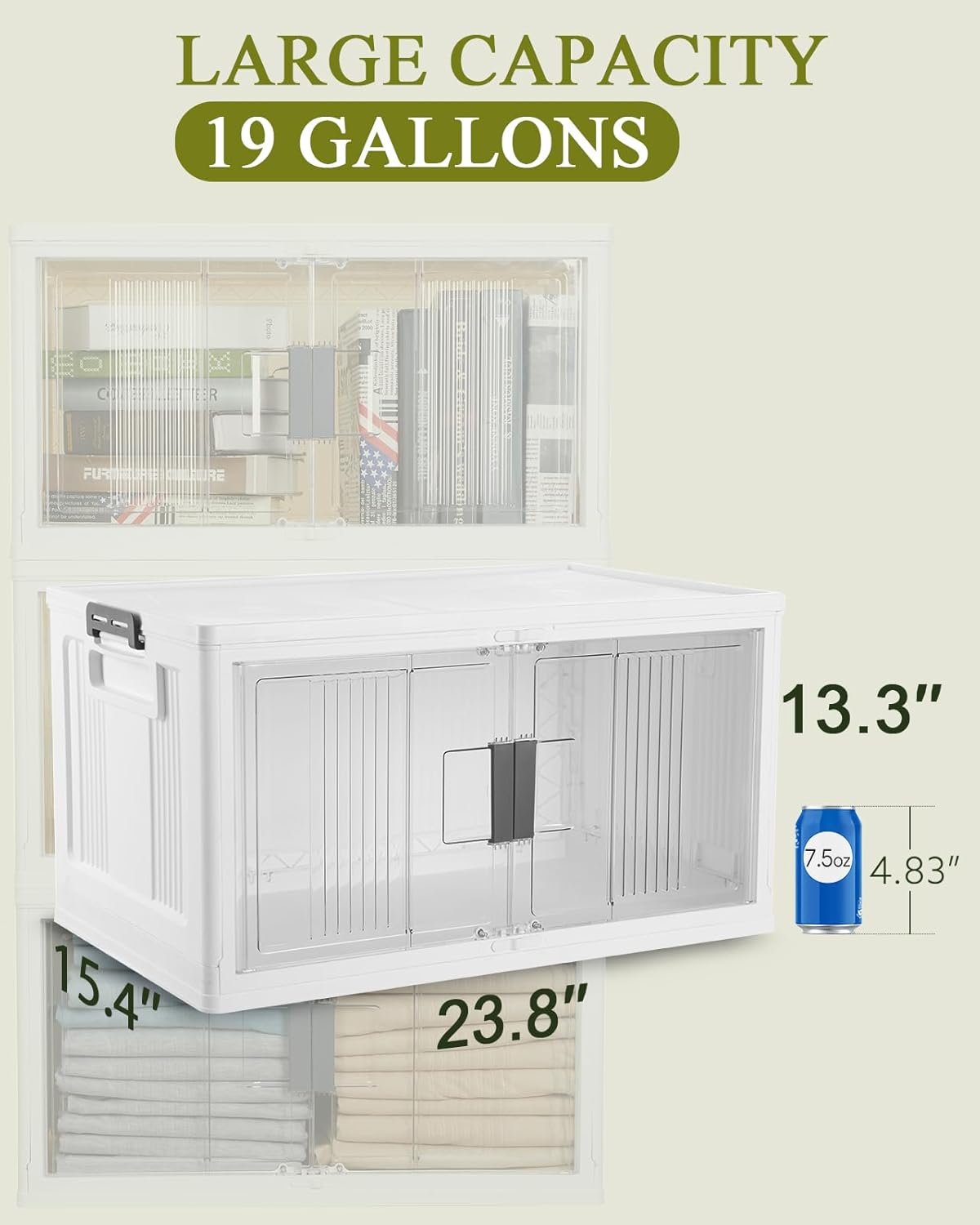 OlarHike 76QT Lockable Storage Bins with Lids - Folding Storage box with Doors and Wheels, Collapsible Plastic Storage Bins for Closets, Stackable Storage Organizer, Storage Containers, 3 Pack Cubes