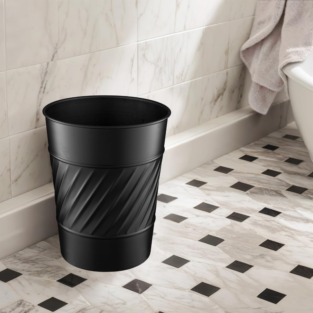 Monarch Abode Black Handcrafted Wave Embossed Metal Wastebasket for Home Office Bedroom, Decorative Waste Basket, Modern Bathroom Garbage Can, Durable & Decorative Trash Bin, Black Bathroom Trash Can
