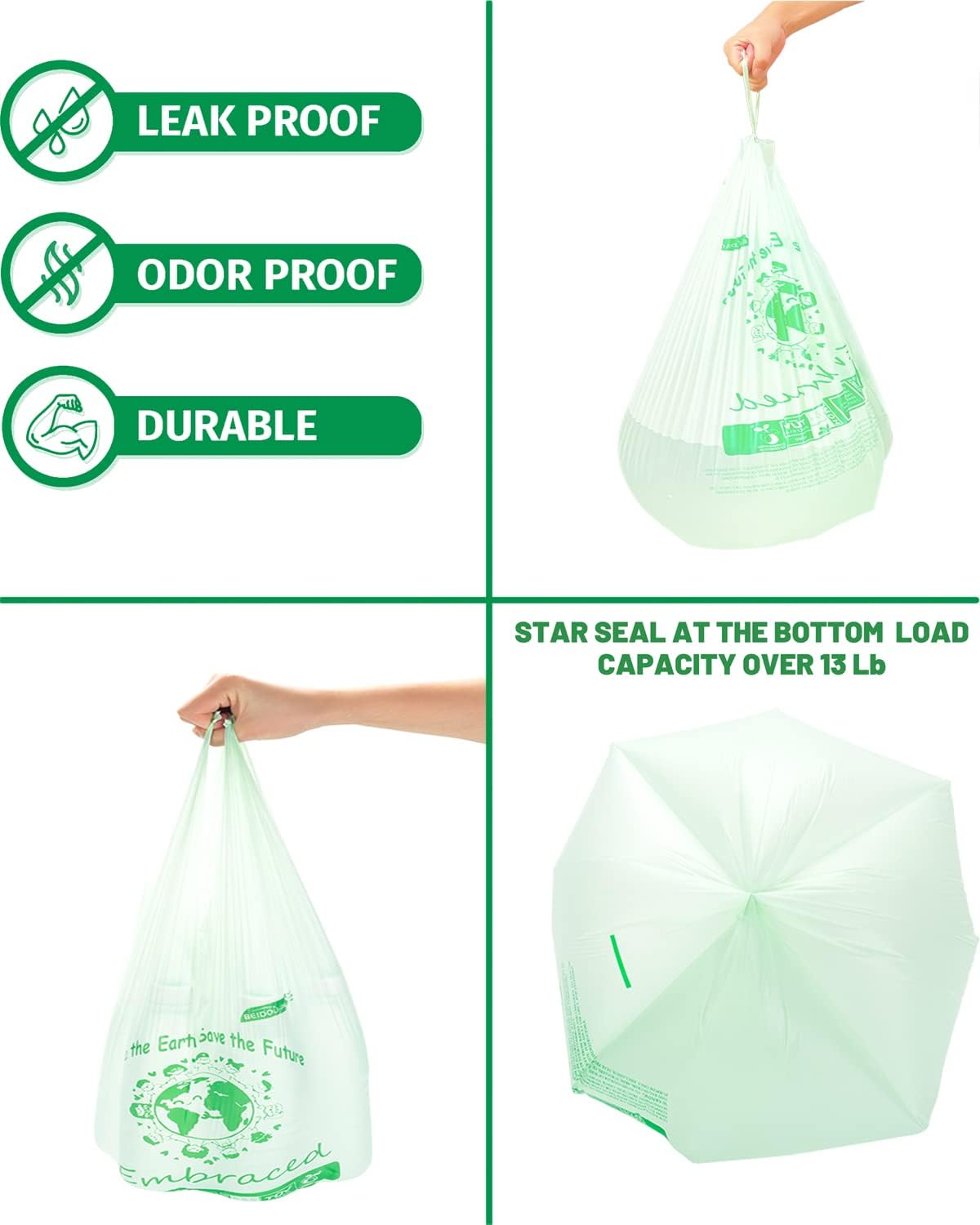 100% Compostable Trash Bags, 3 Gallon Compost Bags Small Kitchen Trash Bags with Handle, 100 Count Sturdy Biodegradable Garbage Bags Food Scrap Waste Bags, ASTM D6400, US BPI Certified