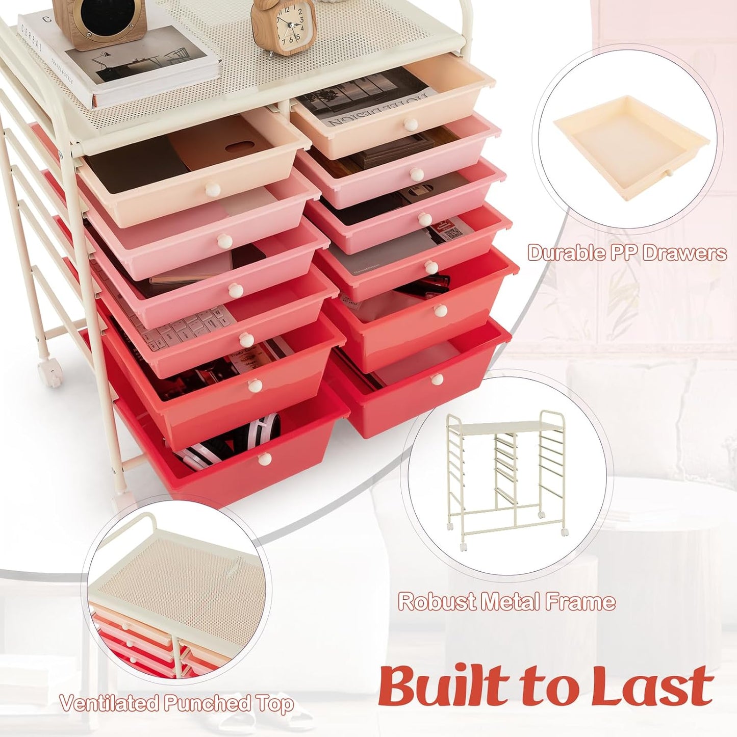 GOFLAME 12-Drawer Rolling Storage Cart, Multipurpose Organizer Cart with 2 Sizes Plastic Drawers, Mobile Utility Cart with Lockable Casters for School, Home Office, Beauty Salon, Gradient Pink