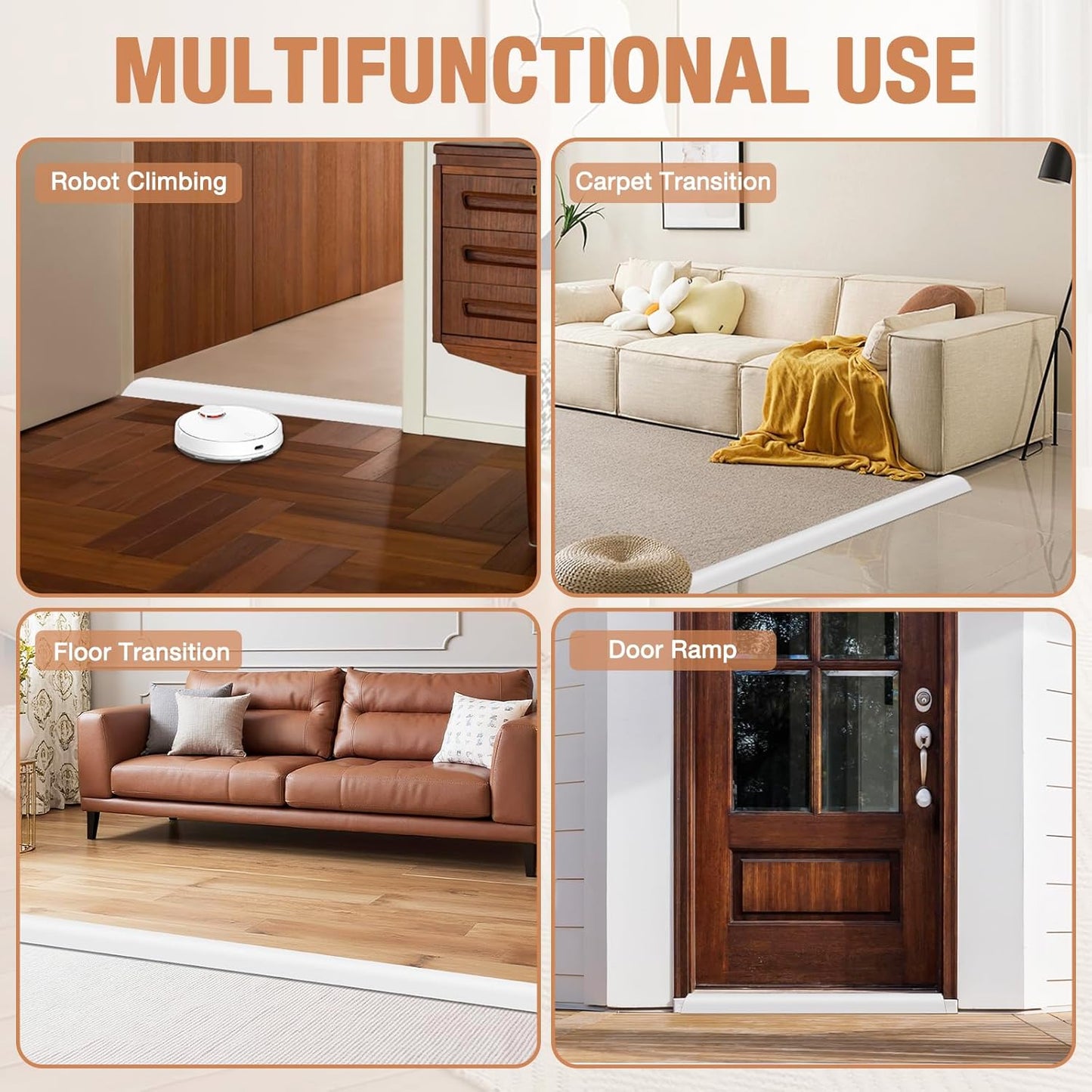 Floor Transition Strip Self Adhesive Vinyl Door Threshold for Doorways Carpet Edging Trim Overlap Edge Reducer for Laminate Floor, Carpet, Tile (White, 1/5" to 2/5", 6.6Ft)