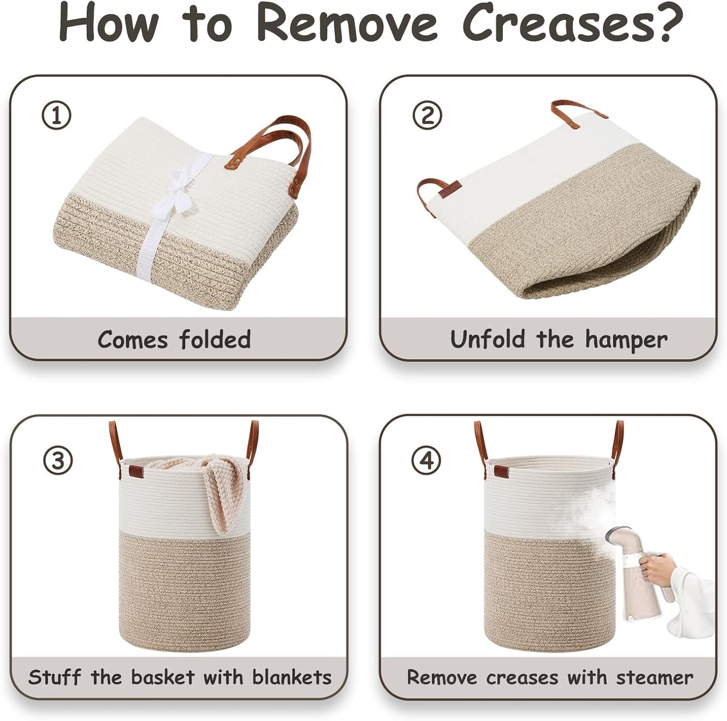 VIPOSCO Tall Laundry Basket, Large Dirty Clothes Hamper with Leather Handle, Woven Rope Storage Basket for Blanket, Toy In Living Room, Bathroom, Bedroom - 53L White & Brown