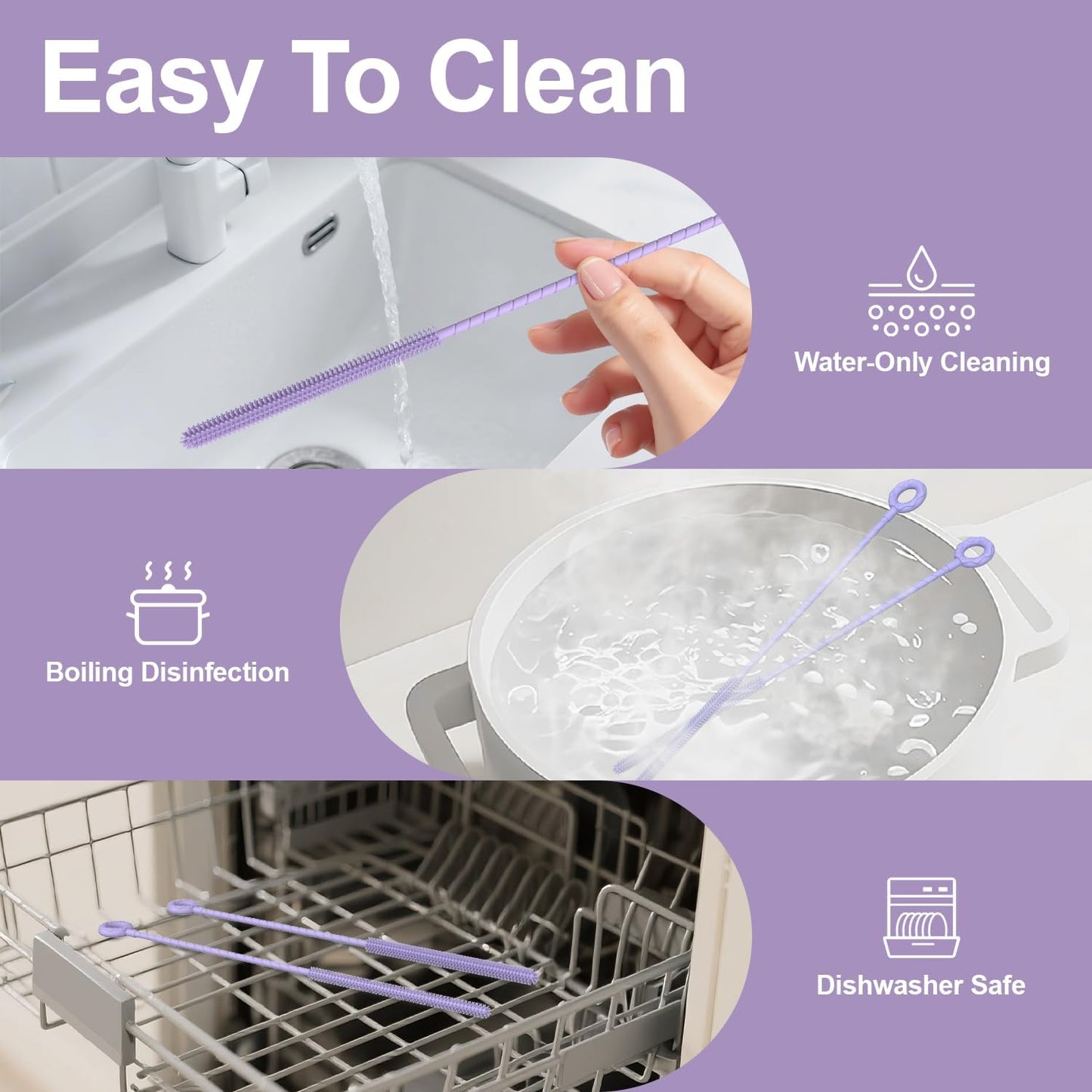 YOTIME Silicone Straw Cleaner Brush, 2 Pcs Reusable Straw Brush(6mm+9mm) for Cleaning Narrow & Wide Straws, Tumblers, Purple