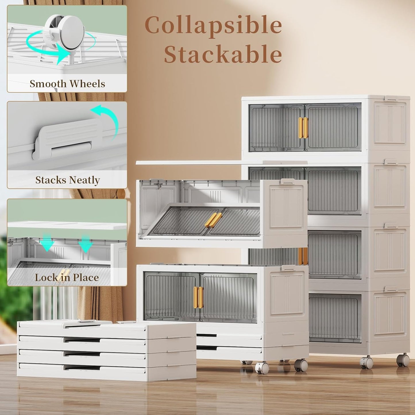 100Gal Stackable Plastic Storage Bins with Lids, Collapsible Closet Organizers and Storage with Wheels for Living Room,Office,Dorm, 30.5" W x 14.6" D x 60" H, 4 Tier