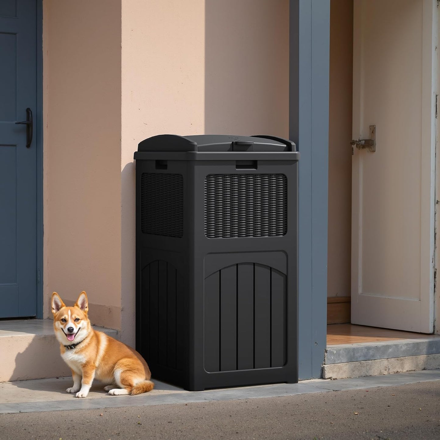 Flamaker 30 Gallon Trash Can, Resin Outdoor Garbage Can with Lid, Waterproof Hideaway Patio Waste Bins for Outside Use (2 Pack, Black)