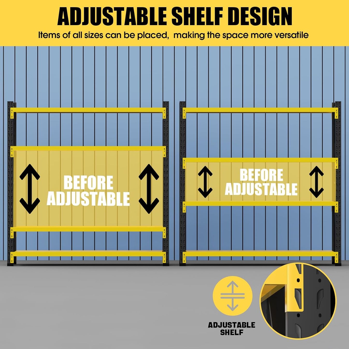 Storage Shelves Heavy Duty, Metal Garage Shelving Units, 4 Tier Storage Rack Shelf, Steel Industrial Shelving, Adjustable Standing Shelf for Basement/Warehouse Yellow and Black, W59.06*D19.69*H78.74
