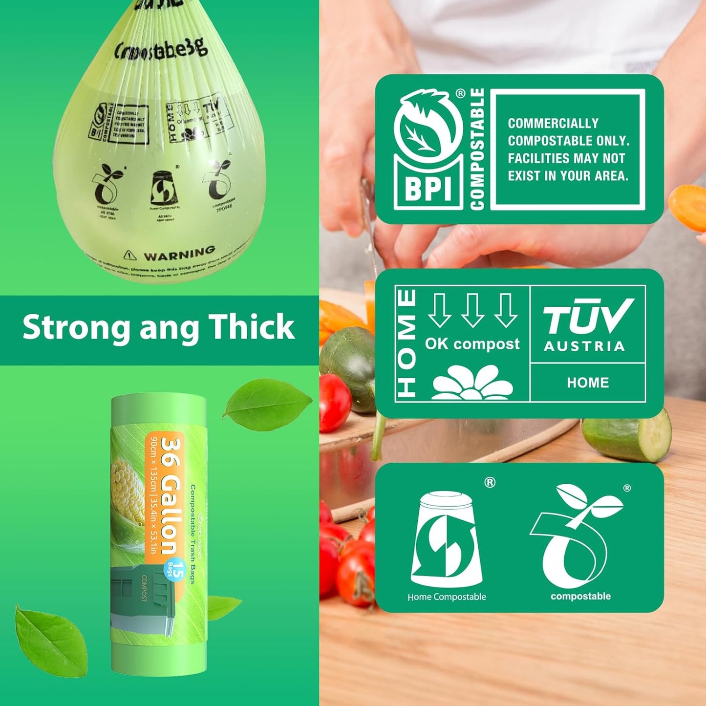 GreFusion Compostable 36 gallon Trash Bags, Extra Thick 1.28 Mills, Compost 36 Gal Trash Bags (Kitchen Tall Garbage Bags), Compostable Lawn & Leaf Yard Waste bags,ASTM D6400,Bpi Certified