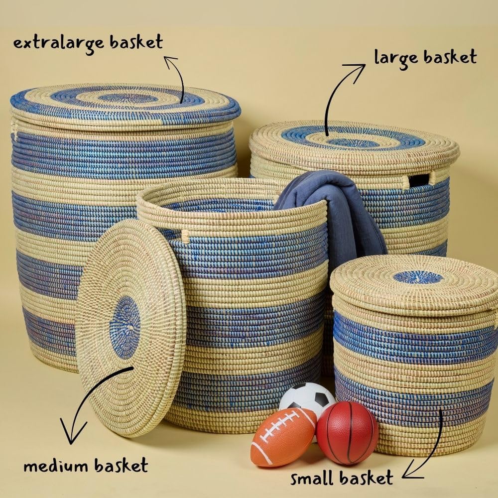 Storage & Organization - Laundry Basket, Bedroom Hamper, Nursery Toys Bin, Living Room Blankets Storage, Decorative, Wicker, Sturdy, Round, Handles, Woven, Blue Beige (Small)