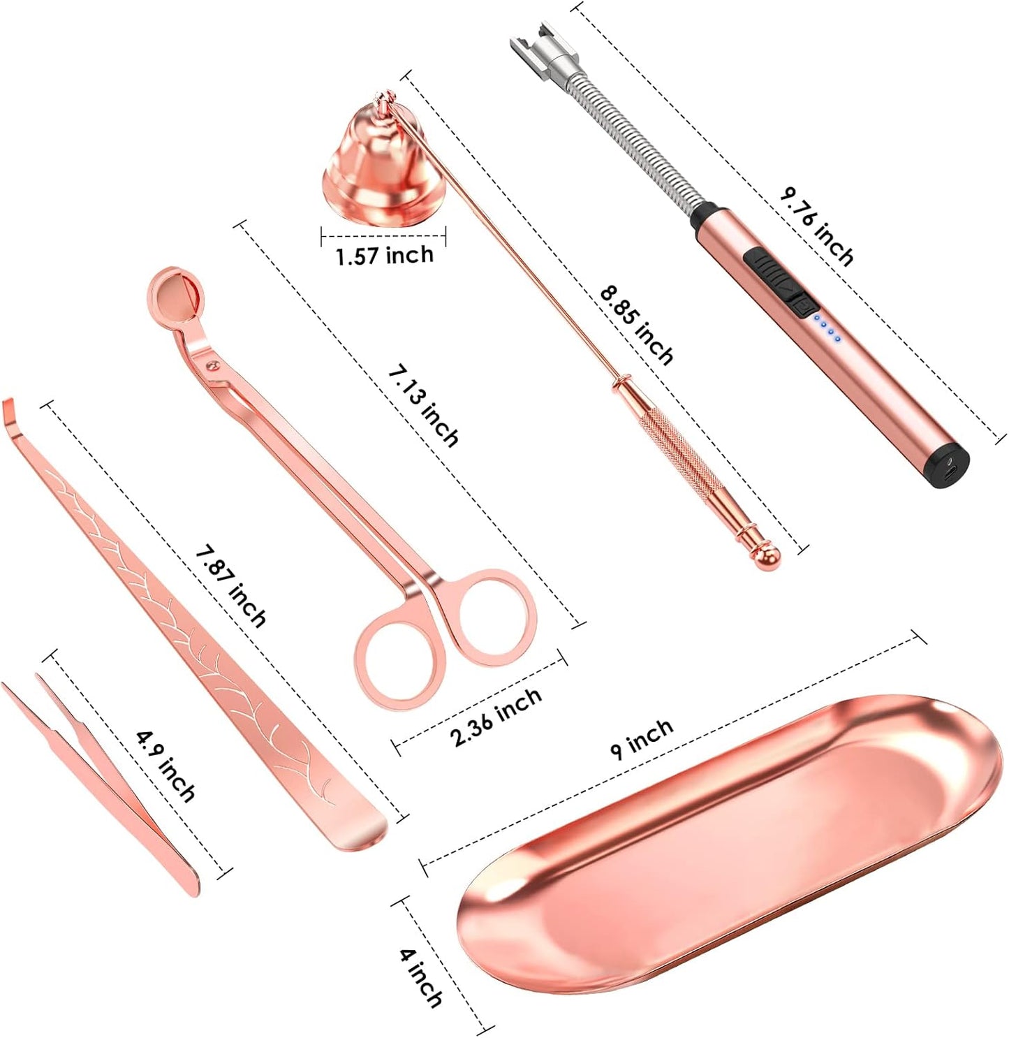 6 in 1 Candle Accessory Set,Candle Wick Trimmer Cutter,Candle Wick Dipper,Candle Wick Snuffer, Rechargeable Candle Lighter,Storage Tray Plate,Tweezers,Stainless Steel Candle Care Kit Gift(Rose Gold)…