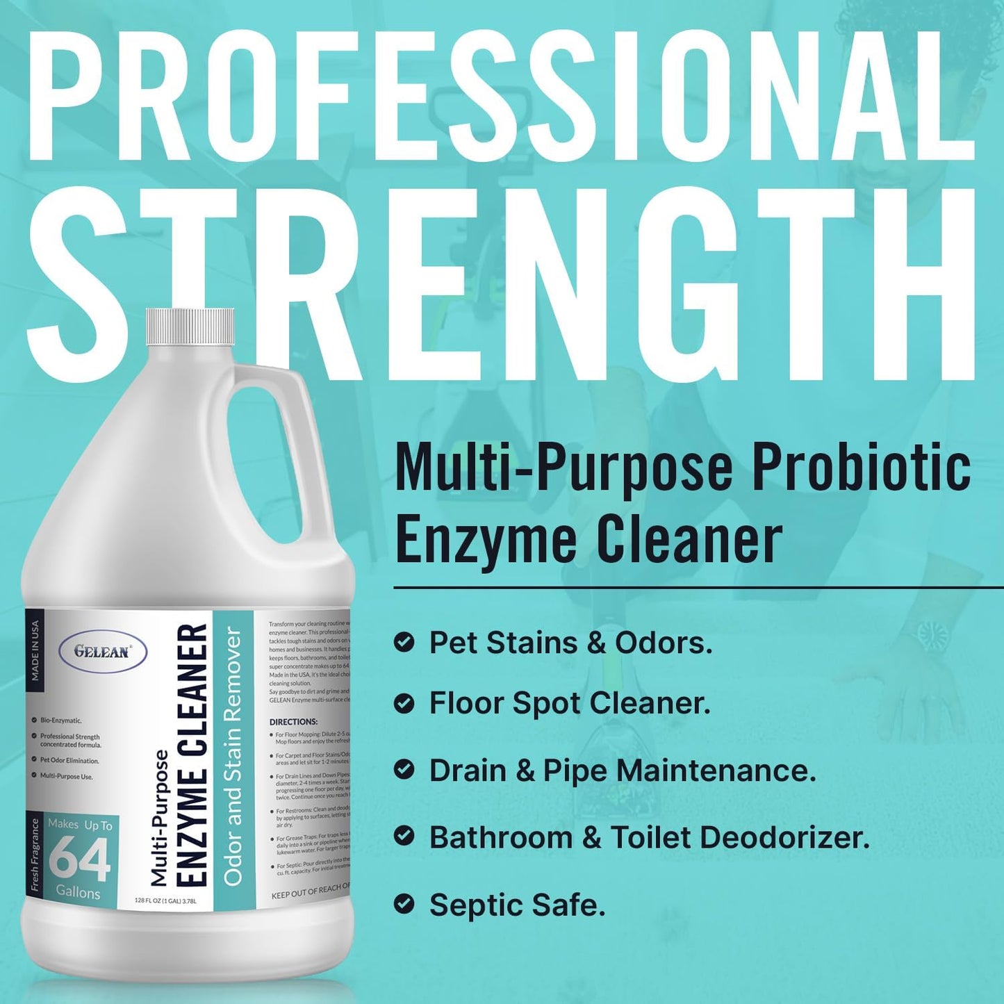 Multi-Purpose Probiotic Enzyme Cleaner, Made in USA - Pet Stain and Odor Remover - Concentrated - Professional & Home Strength Drains, Floors, Bathrooms, Toilets Trash Can, (1 gallon, Fresh fragrance)