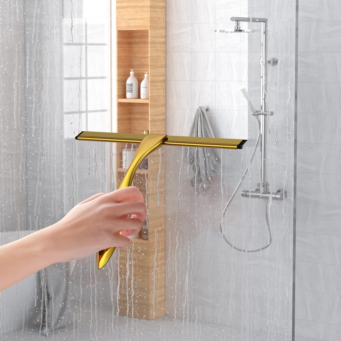 Shower Squeegee and Window Squeegee, Stainless Steel, 100% Streak-Free, Cleaner for Bathroom Showers Glass Doors, Home Mirrors, Car Windows Wiper, Adhesive Holder, Shower Door Hook, 10 Inch, Gold