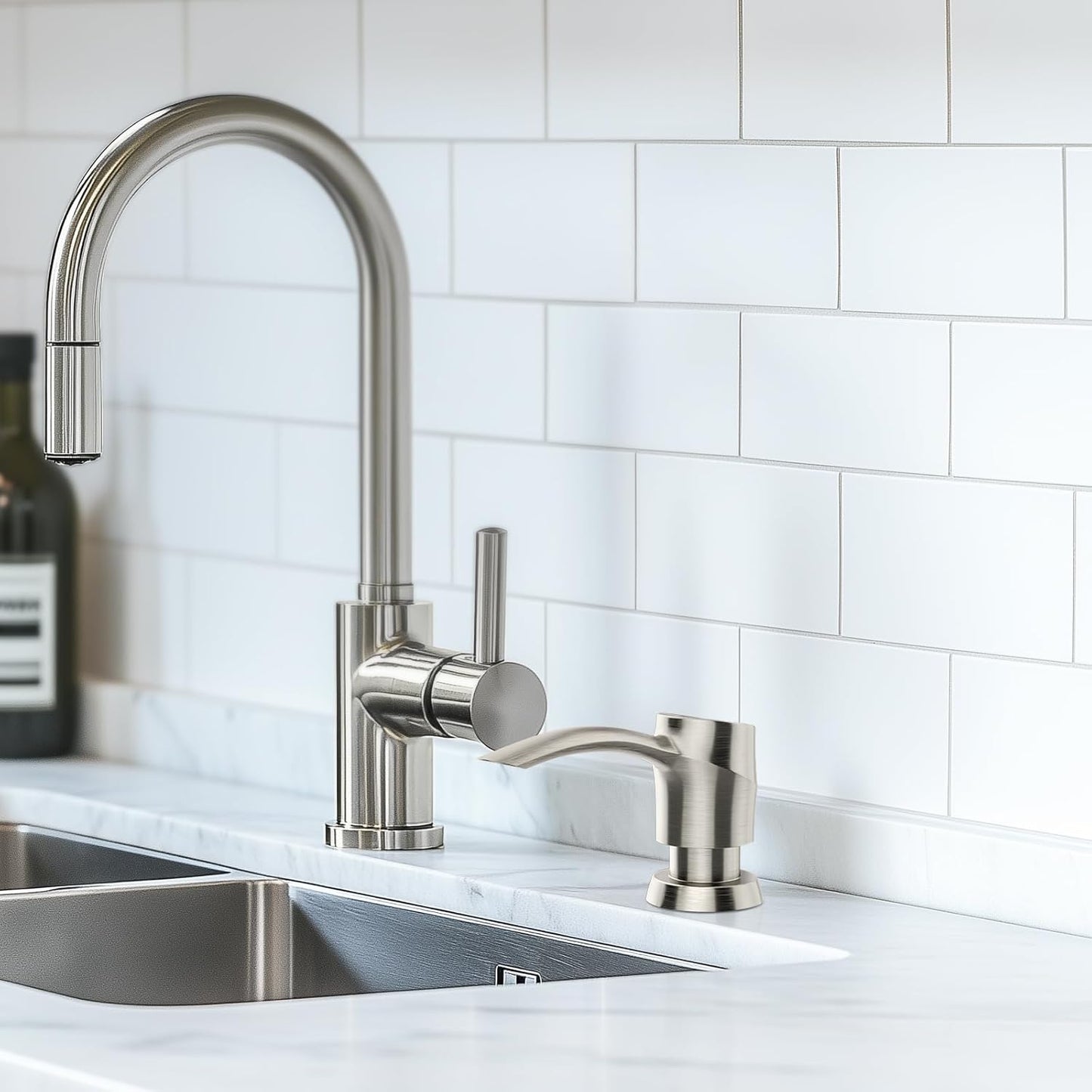 SAMODRA Kitchen Sink Soap Dispenser, Brushed Nickel Soap Dispenser,ABS Dispenser Built-in Pump Head with 11 oz PET Bottle, Refill from Top