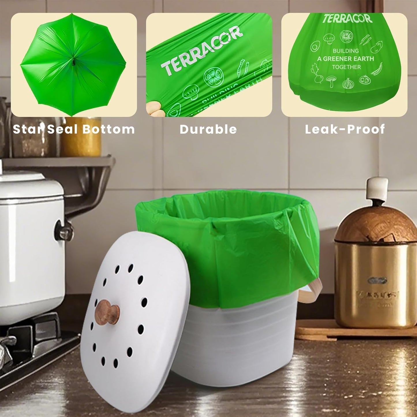 1.3 to 1.6 Gallon Compostable Trash Bags, 35 Count Green Compost Bags for Countertop Bin, Food Waste, Dispenser Packs Organic Biodegradable Bags BPI Certified Meet ASTM D6400 Standard