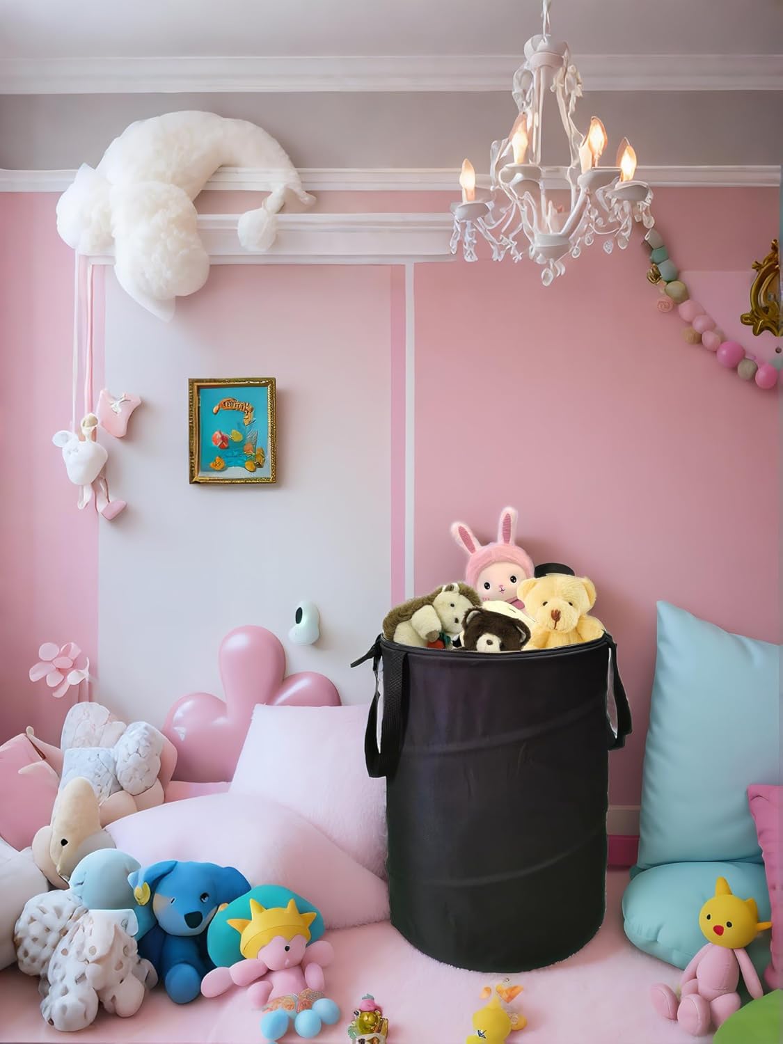 Collapsible Trash can with lid,Foldable Camping Trash can,Pop-up Trash can with lid,Outdoor Trash can with lid,Clothes and Toys Recycle bin,Thickened, Solid, Durable,Attached Hook (Black)