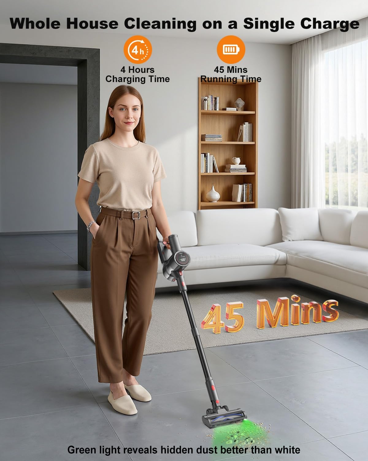 Cordless Vacuum Cleaner, 6-in-1 Lightweight Stick Vacuum with 45mins Runtime, LED Display & Light, Self-Standing, Rechargeable Cordless Vacuum for Carpet, Tile, Pet Hair, Hardwood Floors (Black)