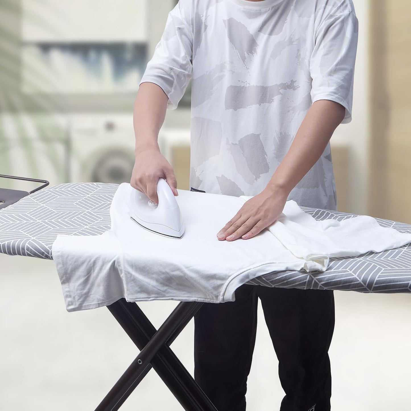 Wide Ironing Board Cover with Padding 18 x 49 inch Heat Reflective with Hook and Loop Fasteners, Thick Padding with Elasticized Edges, 3 Layers Iron Board Cover (Gray Cube)