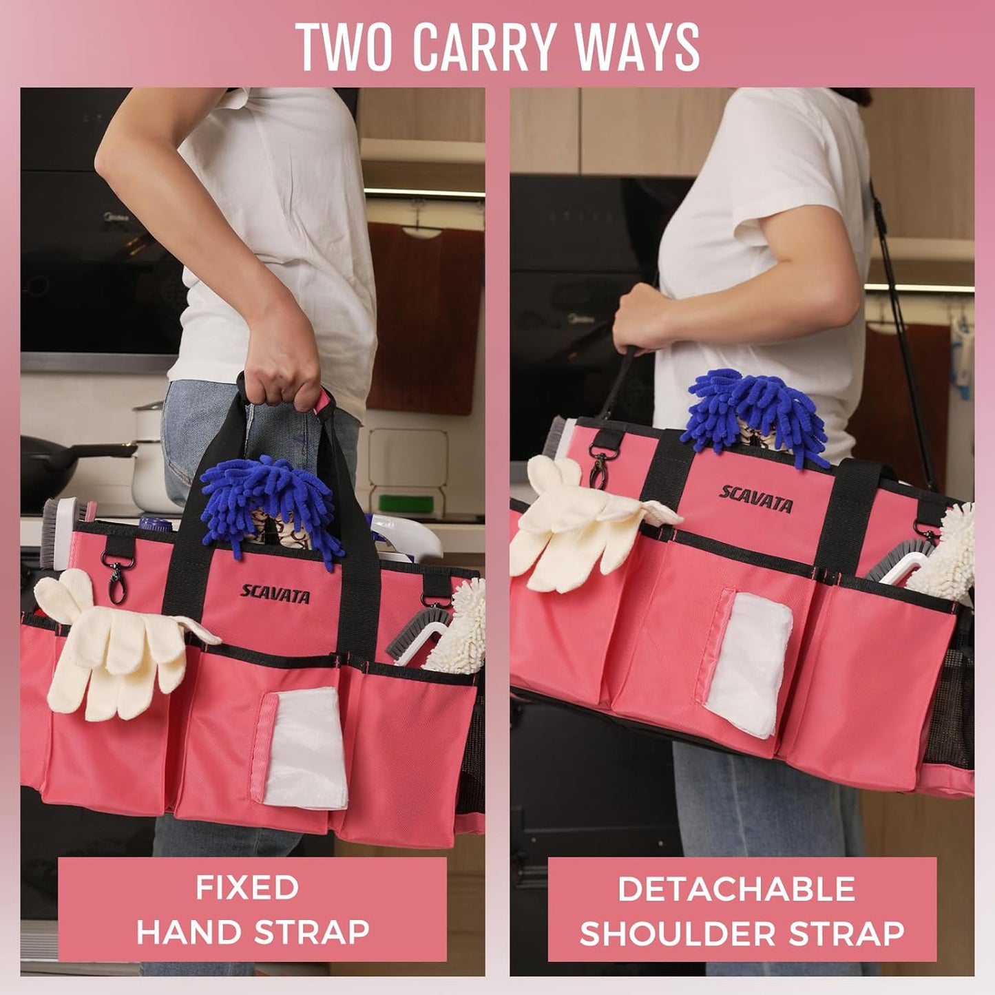 Wearable Cleaning Caddy Bag, Cleaning Caddy Supplies Organizer with Handle & Shoulder Straps for Housekeepers, Under Sink & Car Cleaning Tool Organizers with 4 Foldable Divider (RoseRed)