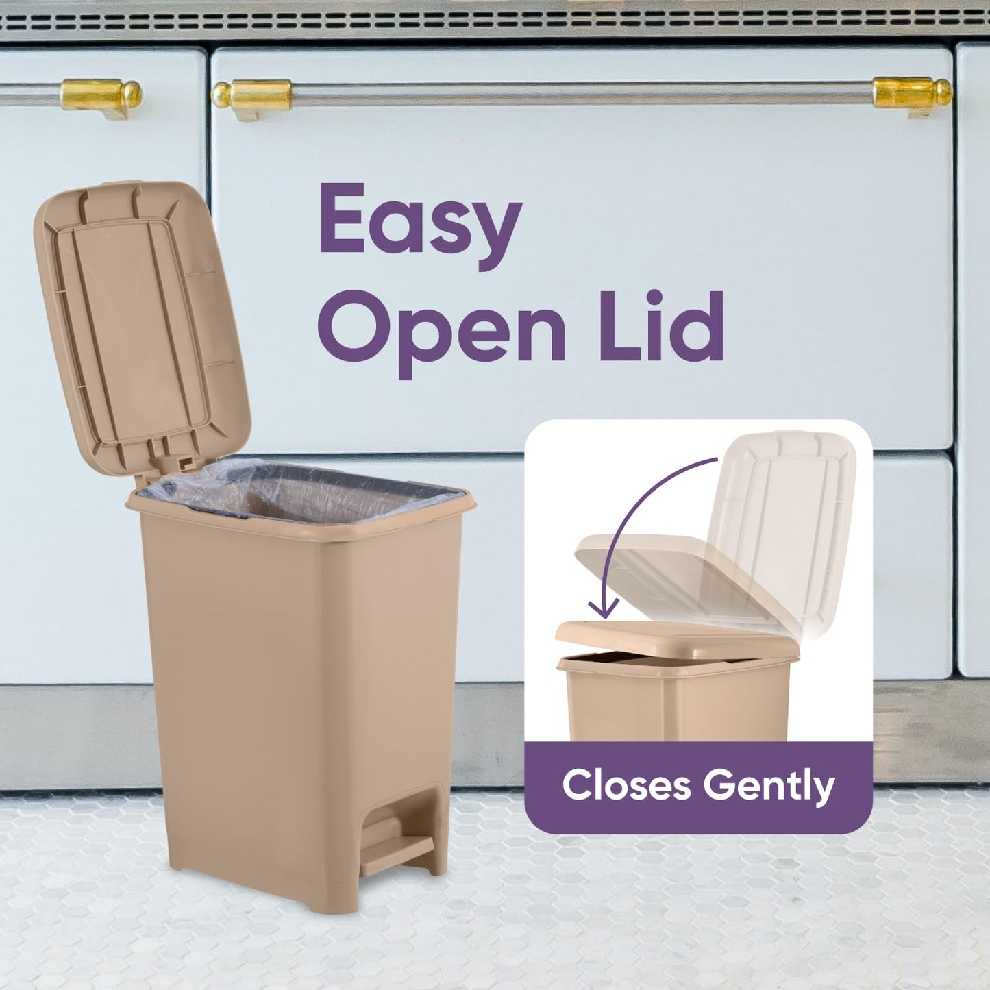 Superio 2.5 Gal Slim Step On Pedal Plastic Trash Can, Waste Bin for Under Desk, Office, Bedroom, Bathroom- 10 Qt, Beige