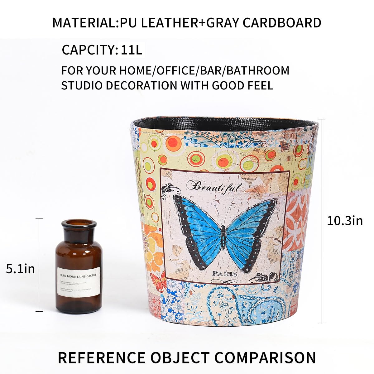 PU Leather Small Trash Can Wastebasket, Round Garbage Container Basket for Bathrooms, Laundry Room, Kitchens, Offices, Kids Rooms, Bedrooms,Dorms,Home Decorative Art Bin, 2.9 Gallon(Blue Butterfly)
