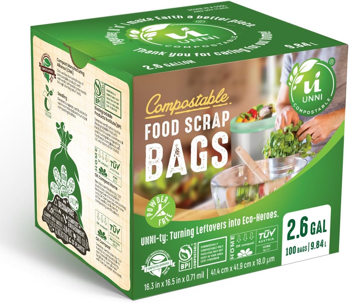 UNNI Compostable Trash Bags, 2.6 Gallon / 9.84 Liter, 600 Count Value Pack, Extra Thick 0.71 Mil Compost Bin Liners for Kitchen Food Scrap, Certified by BPI, CMA & OK compost HOME, Meets ASTM D6400