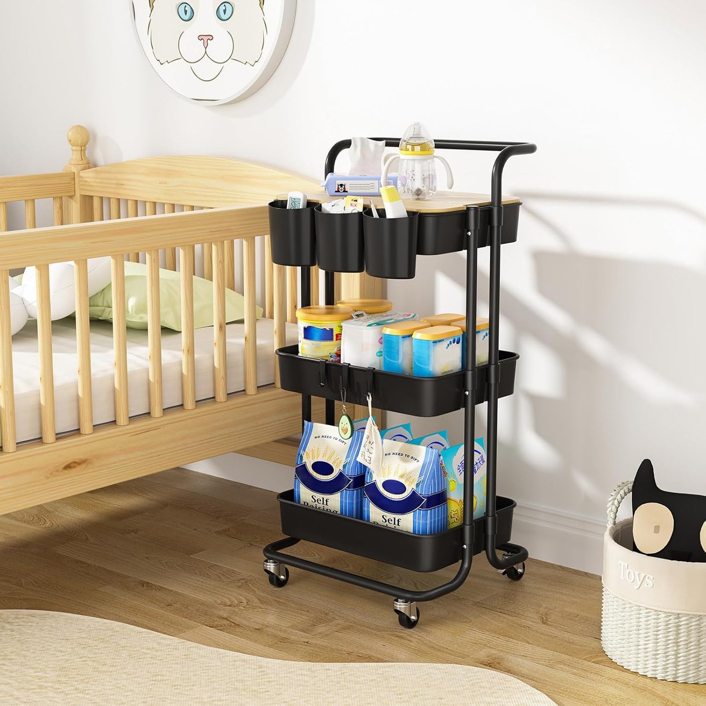 3 Tier Rolling Cart with Metal Handle, Table Top, Hanging Cups, Hooks, Plastic Storage Baskets& Wheels Lockable, Utility Cart for Bathroom Classroom Office Kitchen Pantry Organizers and Storage, Black