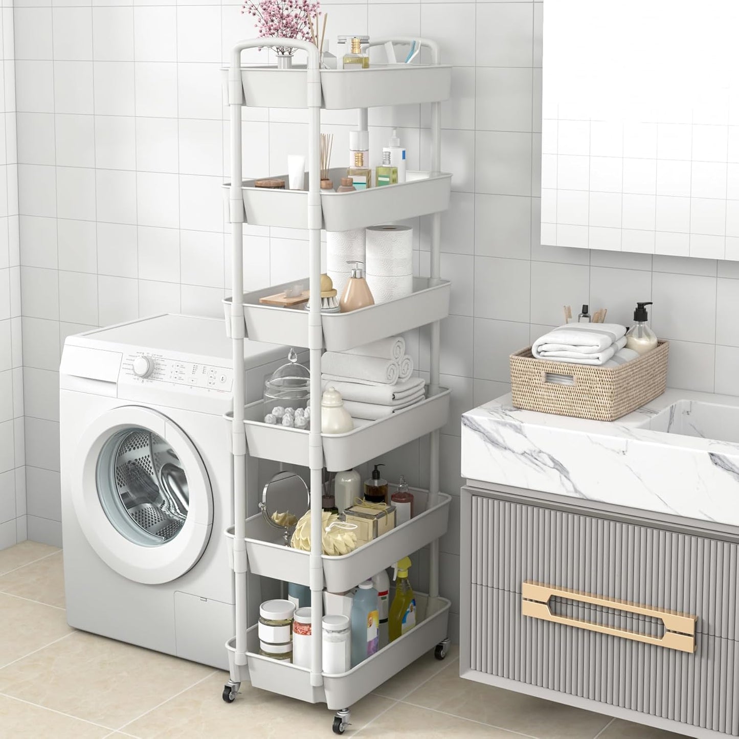 Sywhitta 6-Tier Plastic Rolling Utility Cart with Handle, Multi-Functional Storage Trolley for Office, Living Room, Kitchen, Movable Storage Organizer with Wheels, White