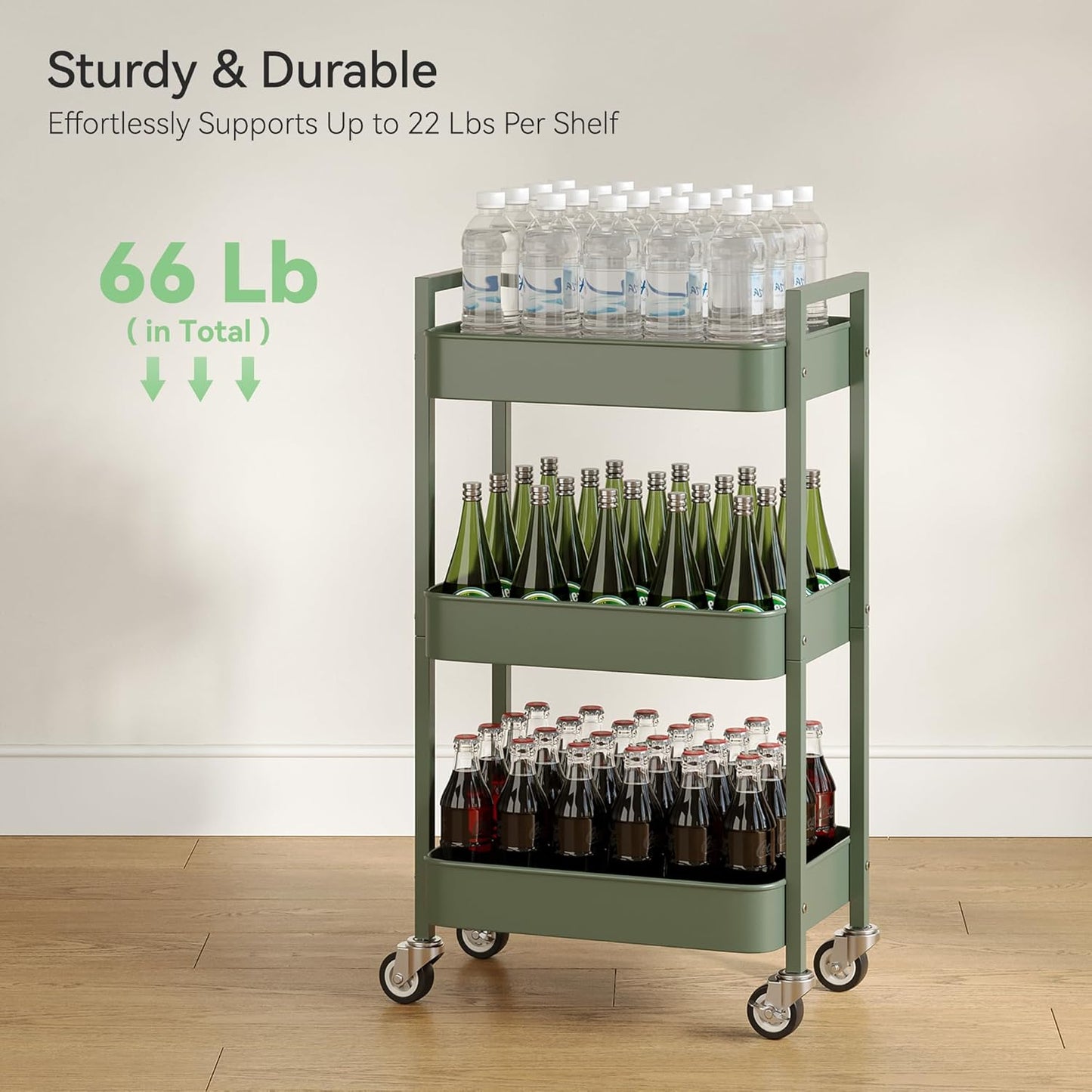 3 Tier Rolling Cart,Utility Cart with Locking Wheels, Hanging Cups,&Hooks, Heavy Duty Metal Storage Organizer Cart for Kitchen,Office, Bathroom,Craft Room,Green