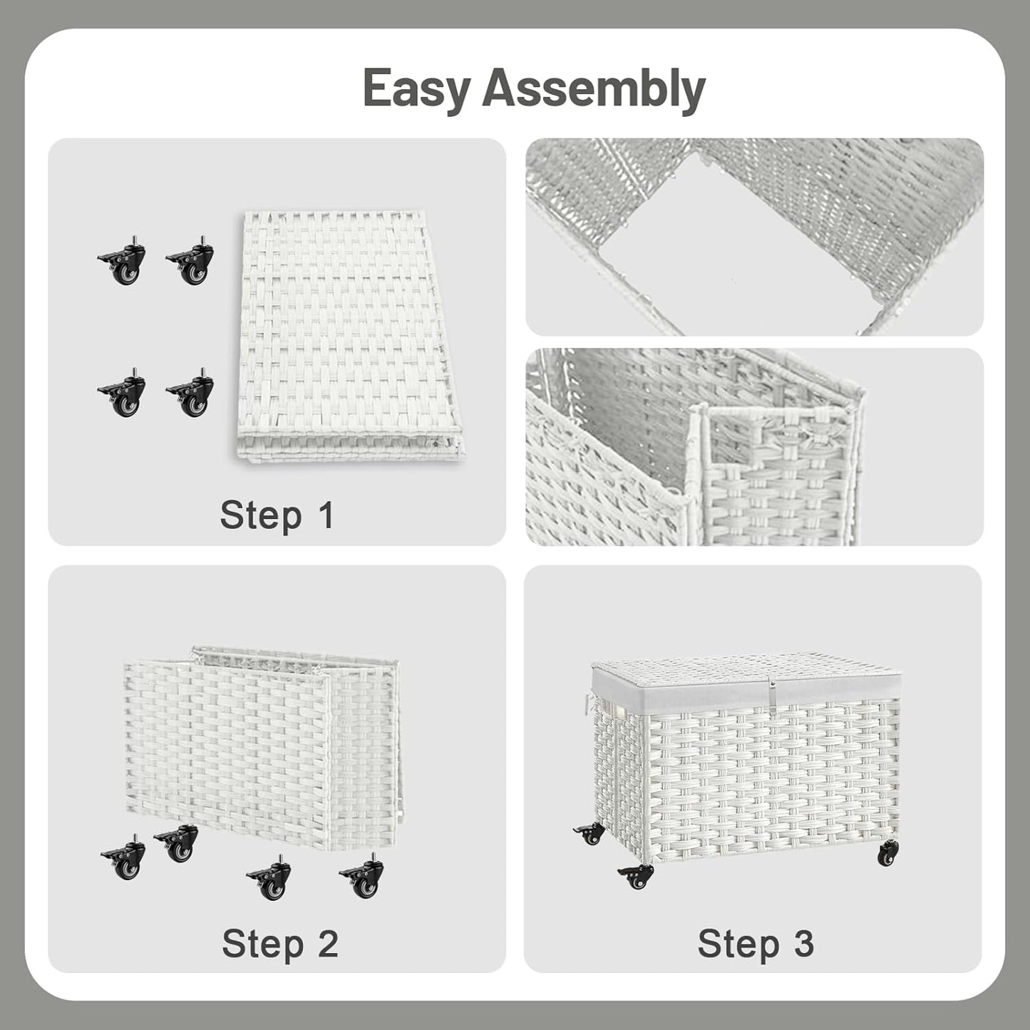 Rolling Storage Basket with Lid, 47.6 Gallon (180L) Storage Bin with Wheels, Woven Rattan Blanket Storage Basket with Handles, Foldable, Metal Frame, Removable Liner for Bedroom, Laundry Room, White