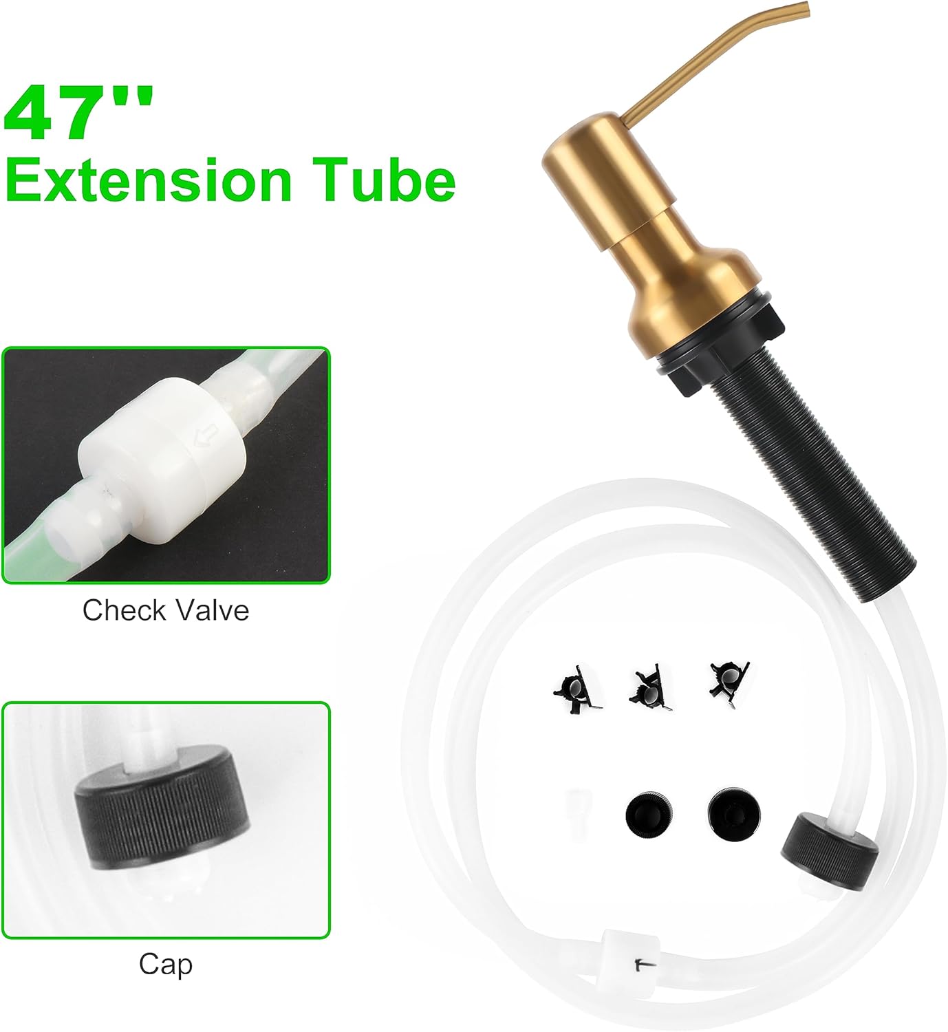 Soap Dispenser for Kitchen Sink, Sink Soap Dispenser with Longer Threaded Shaft Shank, 47" Extension Tube Connects Directly to Dish Soap Container, Wider Pump Head Base(Golden)