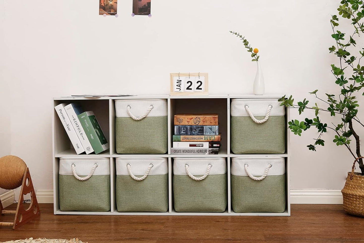 Cube Storage Bins, Collapsible Fabric Storage Cubes Bins, 11 Inch Cube Storage Bins with Handles, Foldable Storage Cubes (White/Green, 6Pack)