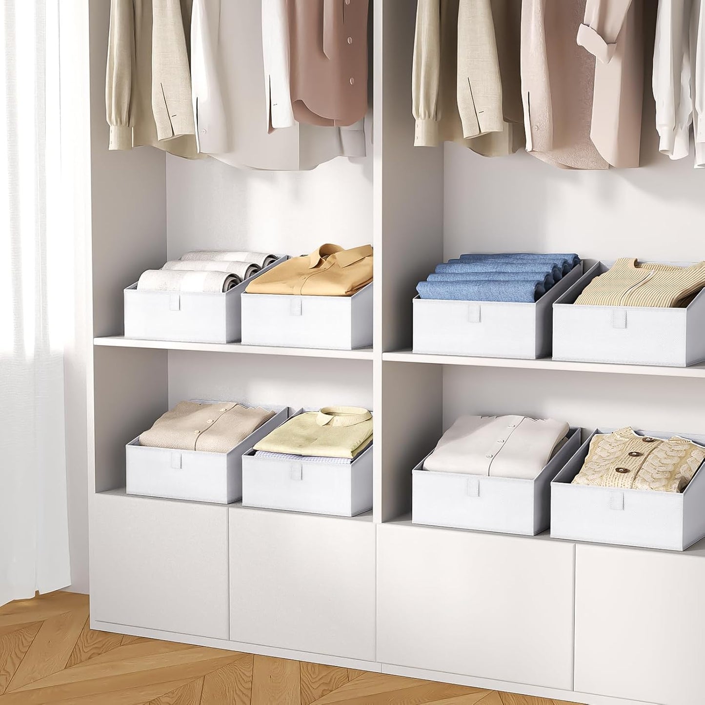 DIMJ Closet Storage Bins 6 Pack - Fabric Trapezoid Organizer Bin, Foldable Storage Baskets for Shelves, Closet Shelf Organizer, Clothing Storage Box for Toys, Books, Towel, Clothes, White