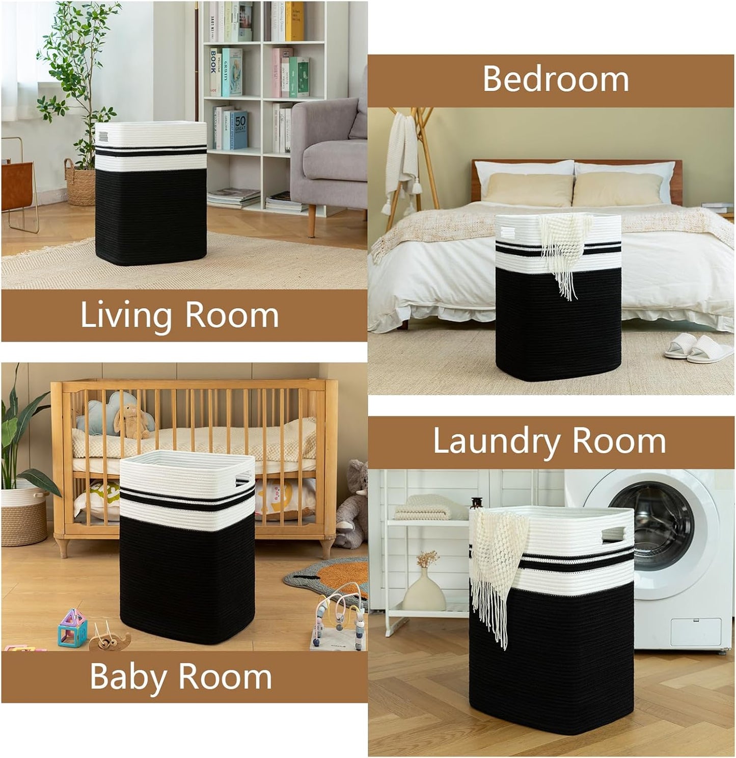 OIAHOMY Laundry Hamper-Laundry Basket,Tall Cotton Storage Basket with Handles,Decorative Blanket Basket for Living room,Collapsible Large Basket for Toys,Pillows,Clothes Organizer-16x13x22in-Black