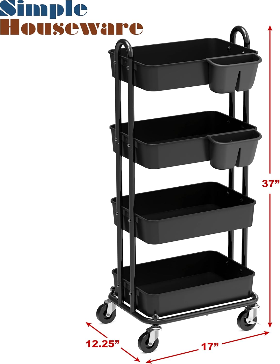 Simple Houseware 4-Tier Multifunctional Rolling Utility Cart with Hanging Buckets, Black