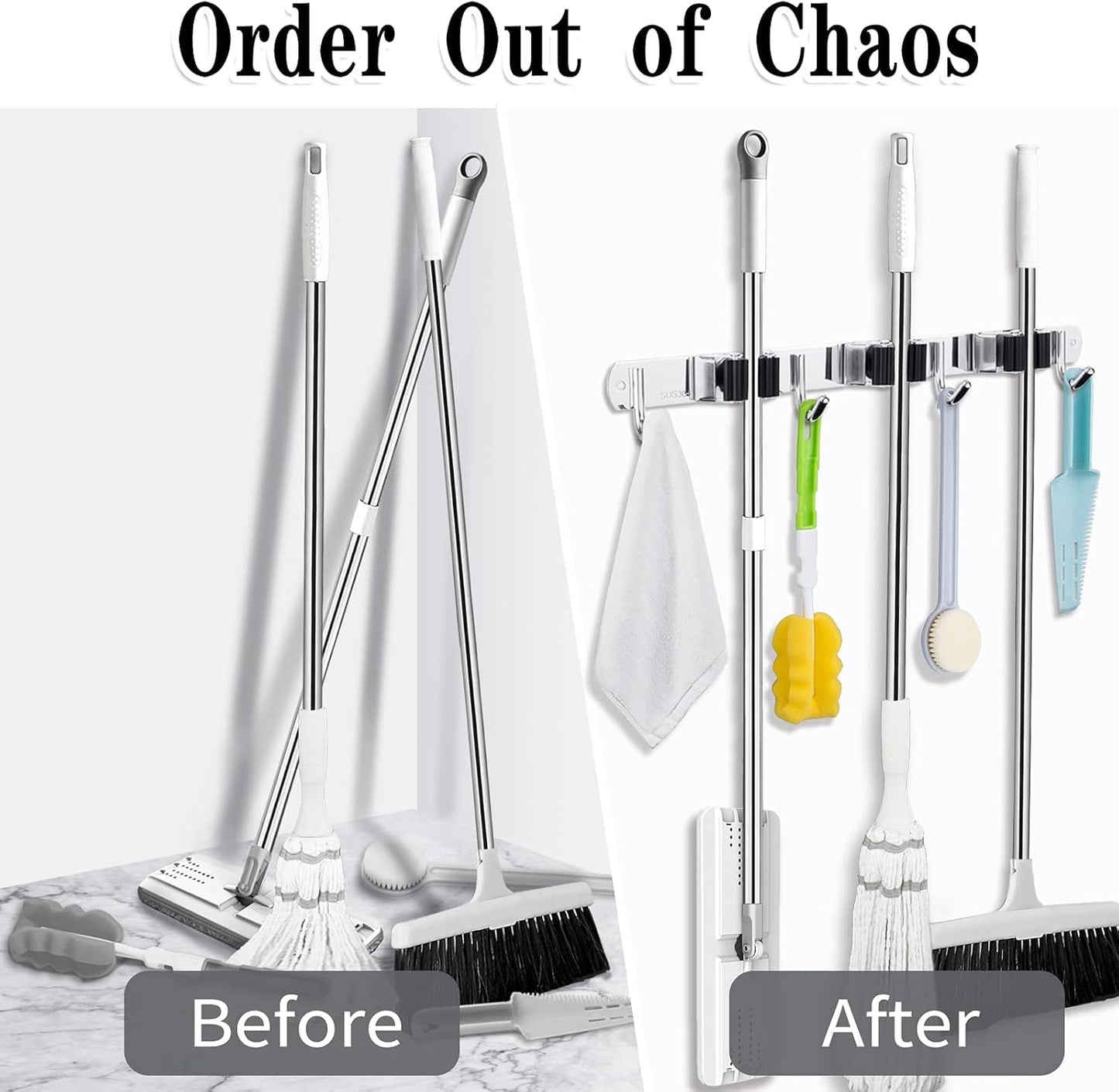 3 Racks and 4 Hooks Broom and Mop Holder Wall Mounted Garage Organizer Storage Tool Racks Stainless Steel Heavy Duty Hooks Self Adhesive Solid Non-slip Wall Hangers for Home Kitchen Garden Laundry