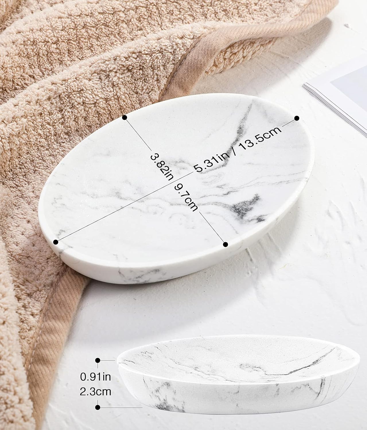 Luxspire Soap Dish, Resin Soap Tray Soap Holder Container Box, Marble Pattern Oval Soap Plate Case, Sponge Dish Scrubbers Tray Holder for Bathroom Vanity Shower Kitchen Sink Counter Top, Gravel White