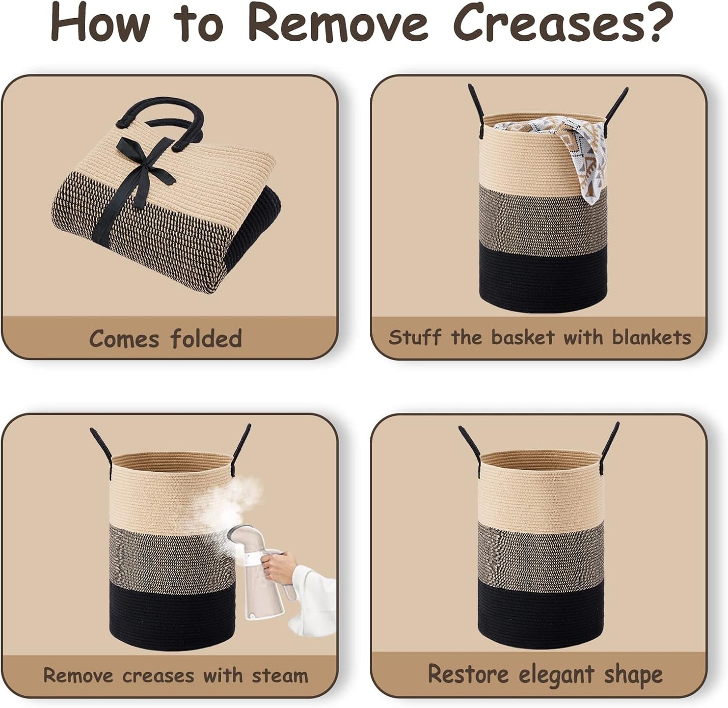 VIPOSCO Large Laundry Hamper, Tall Woven Rope Storage Basket for Blanket, Toys, Dirty Clothes in Living Room, Bathroom, Bedroom - 58L Brown & Black