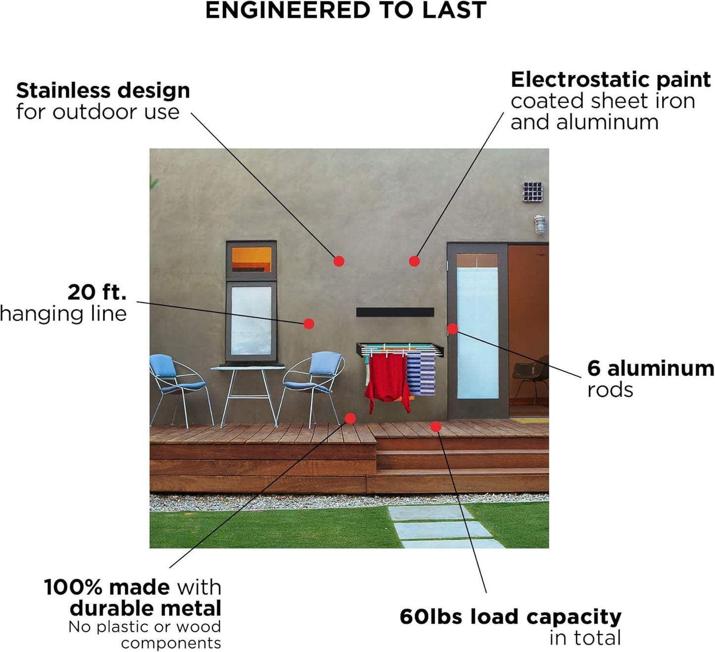 Step Up Laundry Drying Rack, Wall Mounted, Retractable Clothes Drying Rack, 60lbs Capacity, 20 Linear Ft, with Wall Template and Long Screwdriver Bit (40" White)