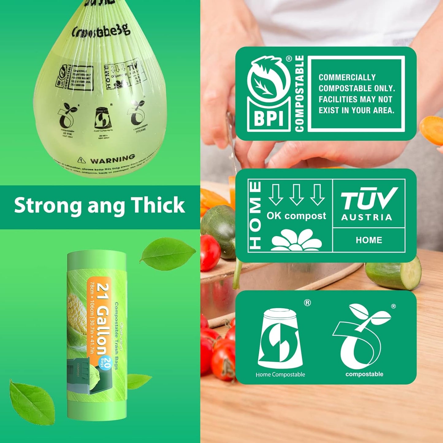 GreFusion Compostable Trash Bags 21 gallon,20 Count,Extra Thick 1.28 Mills,Fits13-25 gallon trash can, Extra Strong and thick,Compostable Lawn & Leaf Yard Waste bags,ASTM D6400,Bpi Certified